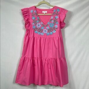THML Dress Size S Pink Embroidered Tiered Mini Dress